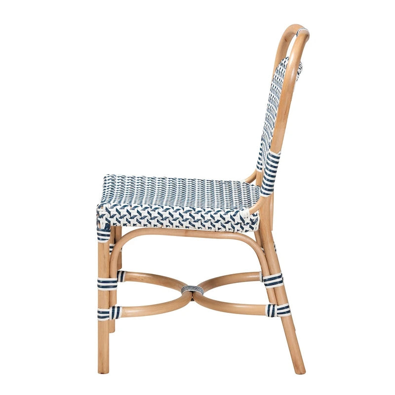 Chaise de bistrot moderne en rotin naturel, tissage bleu et blanc, style français