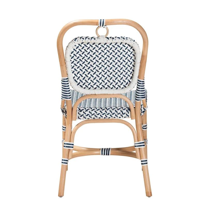 Chaise de bistrot moderne en rotin naturel, tissage bleu et blanc, style français
