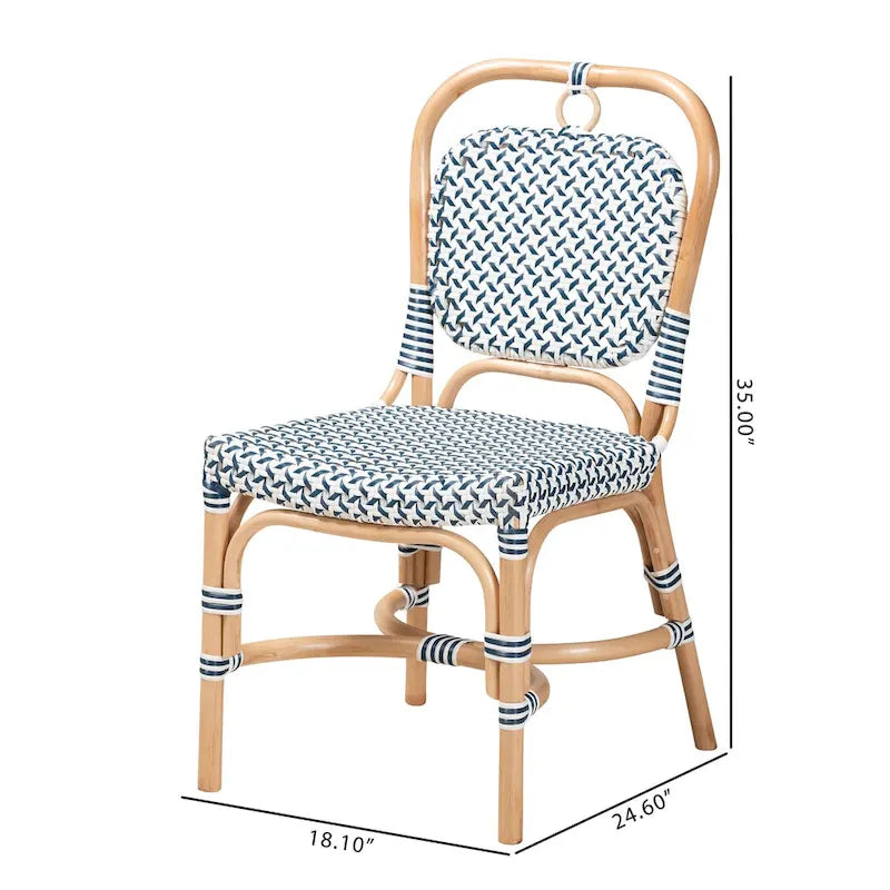 Chaise de bistrot moderne en rotin naturel, tissage bleu et blanc, style français