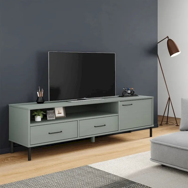 Meuble TV Console TV Meuble TV avec pieds en métal Bois massif Pin - 62,2 x 15,7 x 18,3