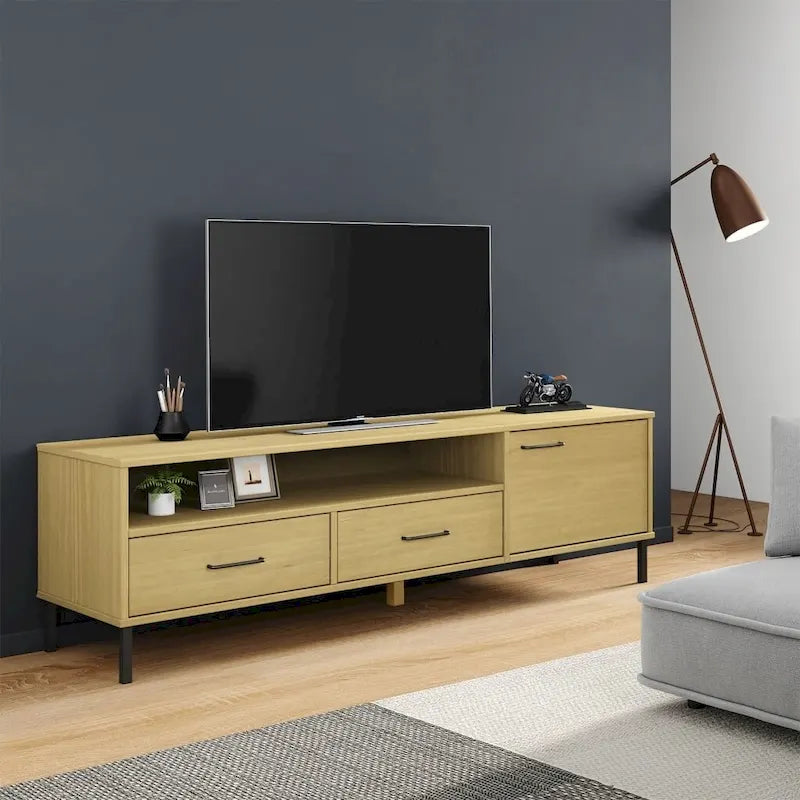 Meuble TV Console TV Meuble TV avec pieds en métal Bois massif Pin - 62,2 x 15,7 x 18,3