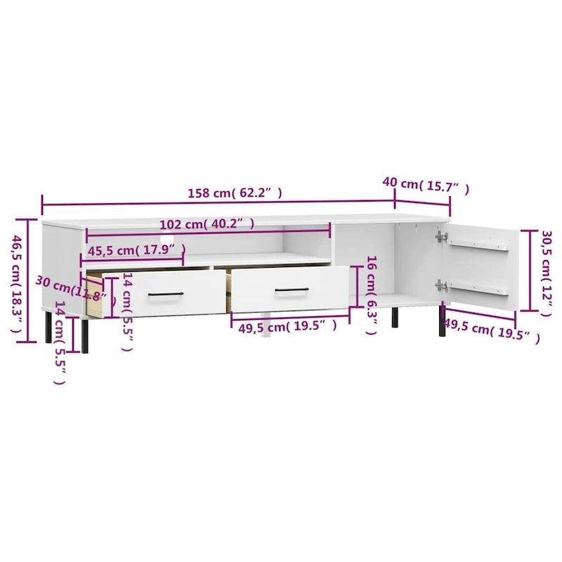 Meuble TV Console TV Meuble TV avec pieds en métal Bois massif Pin - 62,2 x 15,7 x 18,3