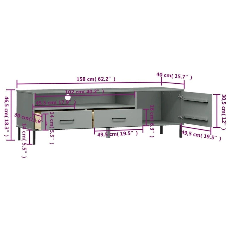 Meuble TV Console TV Meuble TV avec pieds en métal Bois massif Pin - 62,2 x 15,7 x 18,3