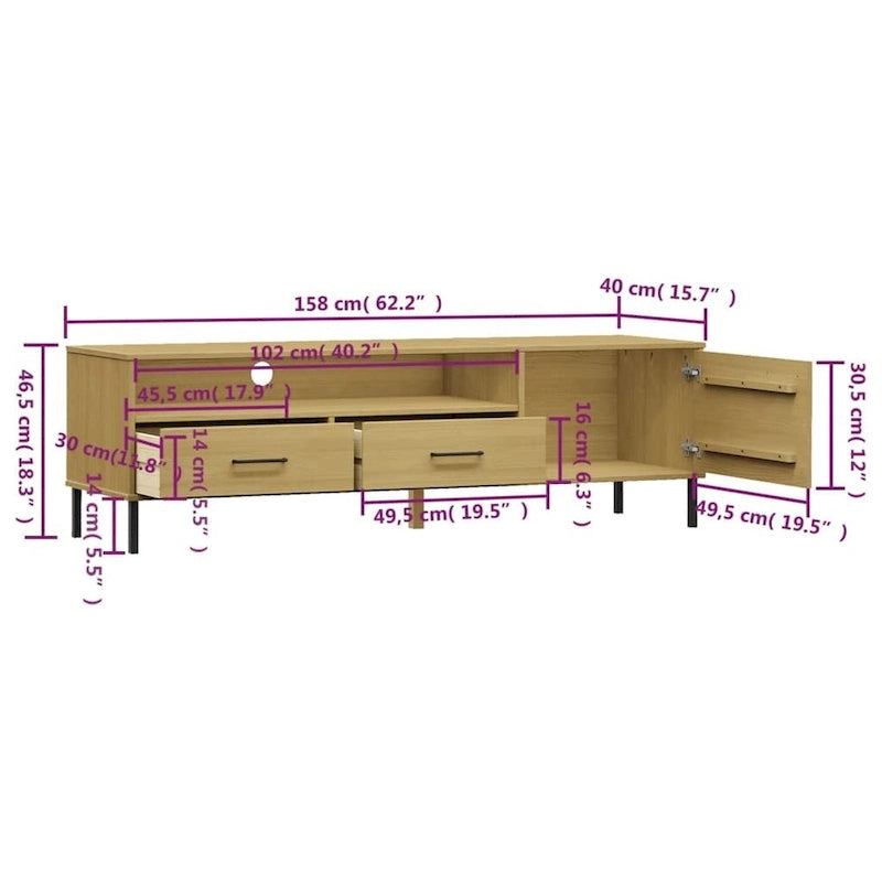Meuble TV Console TV Meuble TV avec pieds en métal Bois massif Pin - 62,2 x 15,7 x 18,3