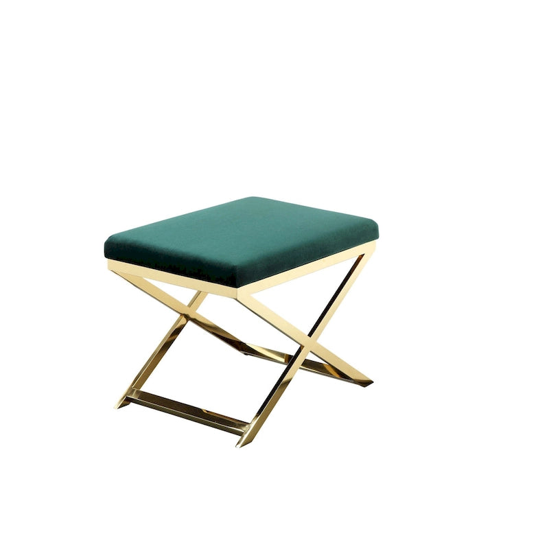 Banc de tabouret ottoman d'appoint de 24 pouces, velours vert moelleux, base en X dorée