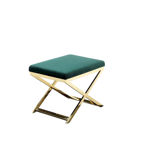 Banc de tabouret ottoman d'appoint de 24 pouces, velours vert moelleux, base en X dorée