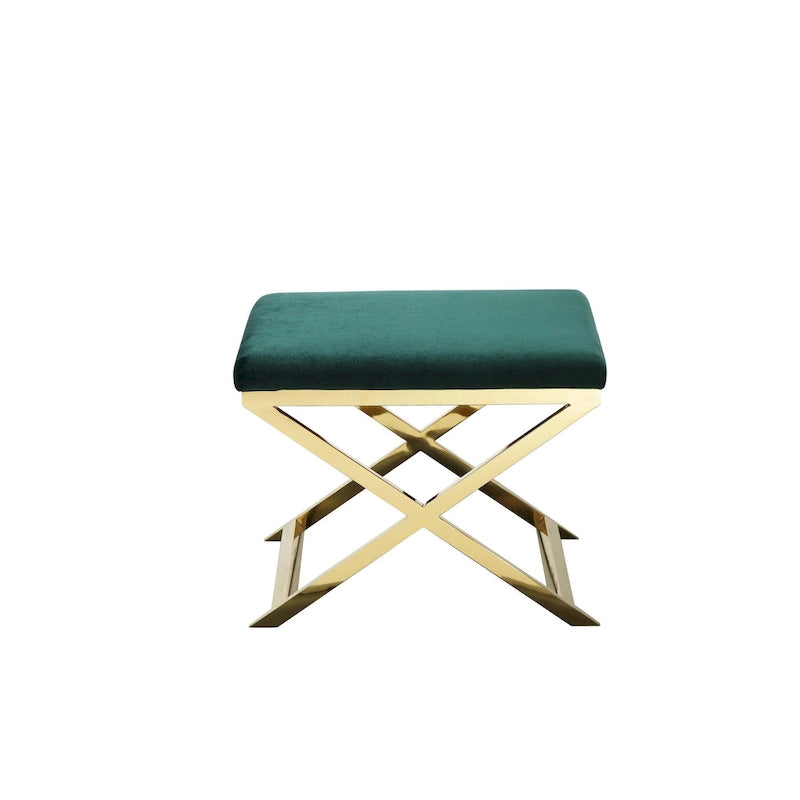 Banc de tabouret ottoman d'appoint de 24 pouces, velours vert moelleux, base en X dorée