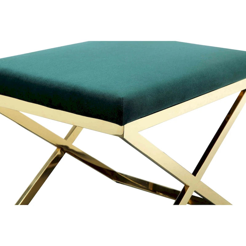 Banc de tabouret ottoman d'appoint de 24 pouces, velours vert moelleux, base en X dorée