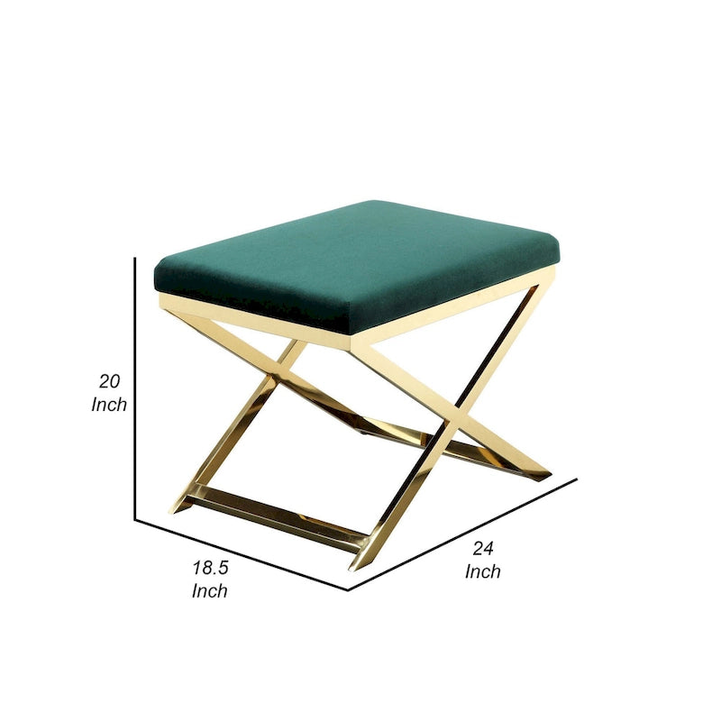 Banc de tabouret ottoman d'appoint de 24 pouces, velours vert moelleux, base en X dorée
