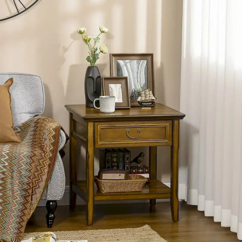 Table d'appoint avec rangement, table de chevet vintage avec tiroir et étagère ouverte