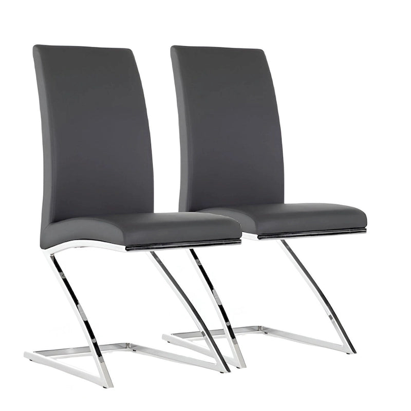 Lot de deux chaises de salle à manger en similicuir gris et argent rembourrées