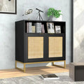 Buffet bahut moderne noir à 2 portes avec table, armoire de rangement de cuisine en rotin avec étagère ouverte - 80 L x 40 P x 81 H cm