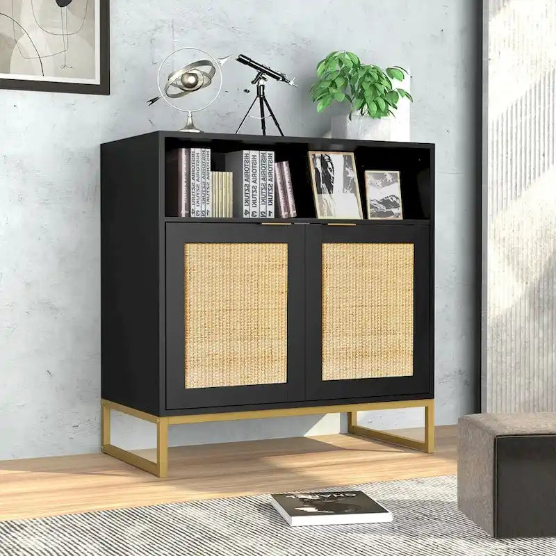 Buffet bahut moderne noir à 2 portes avec table, armoire de rangement de cuisine en rotin avec étagère ouverte - 80 L x 40 P x 81 H cm