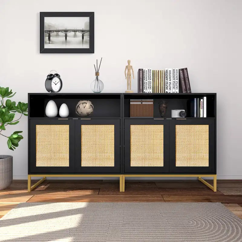 Buffet bahut moderne noir à 2 portes avec table, armoire de rangement de cuisine en rotin avec étagère ouverte - 80 L x 40 P x 81 H cm