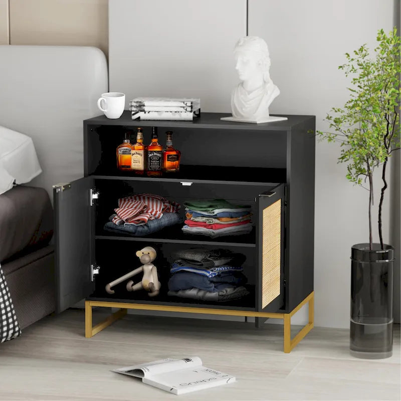 Buffet bahut moderne noir à 2 portes avec table, armoire de rangement de cuisine en rotin avec étagère ouverte - 80 L x 40 P x 81 H cm