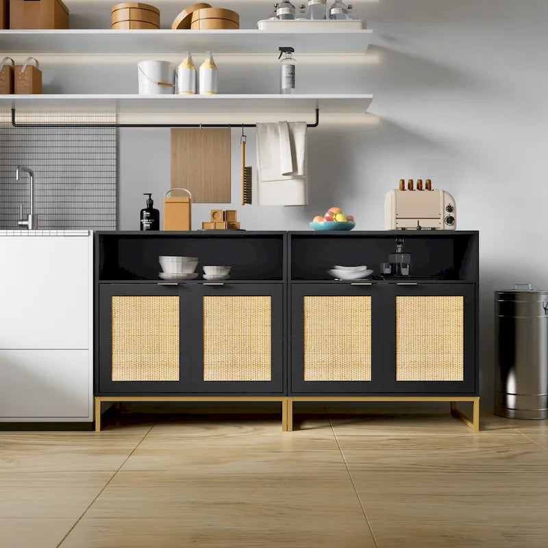 Buffet bahut moderne noir à 2 portes avec table, armoire de rangement de cuisine en rotin avec étagère ouverte - 80 L x 40 P x 81 H cm