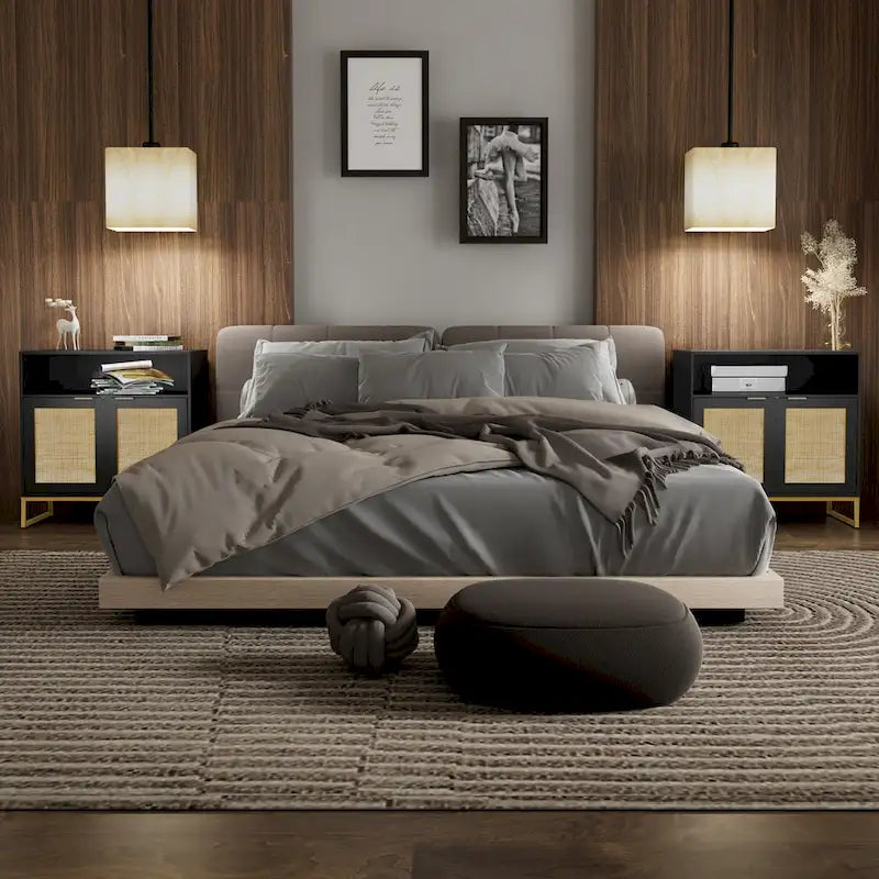 Buffet bahut moderne noir à 2 portes avec table, armoire de rangement de cuisine en rotin avec étagère ouverte - 80 L x 40 P x 81 H cm