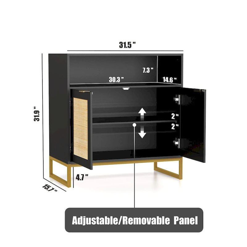 Buffet bahut moderne noir à 2 portes avec table, armoire de rangement de cuisine en rotin avec étagère ouverte - 80 L x 40 P x 81 H cm