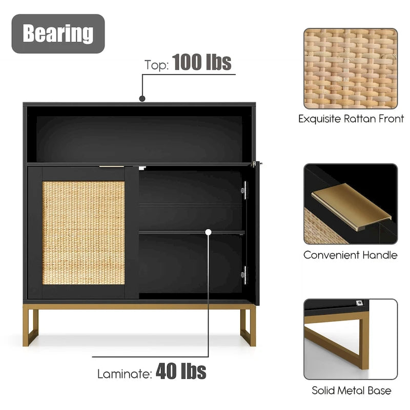 Buffet bahut moderne noir à 2 portes avec table, armoire de rangement de cuisine en rotin avec étagère ouverte - 80 L x 40 P x 81 H cm