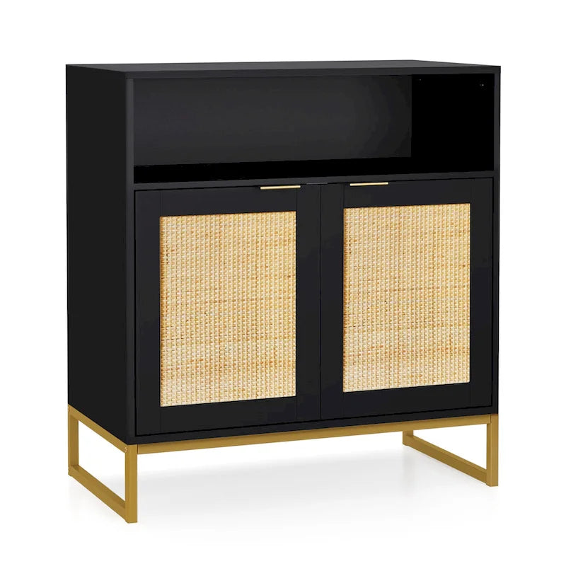 Buffet bahut moderne noir à 2 portes avec table, armoire de rangement de cuisine en rotin avec étagère ouverte - 80 L x 40 P x 81 H cm