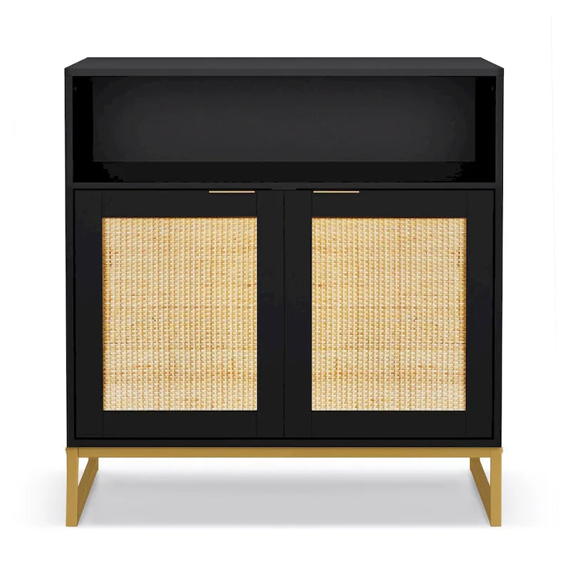 Buffet bahut moderne noir à 2 portes avec table, armoire de rangement de cuisine en rotin avec étagère ouverte - 80 L x 40 P x 81 H cm