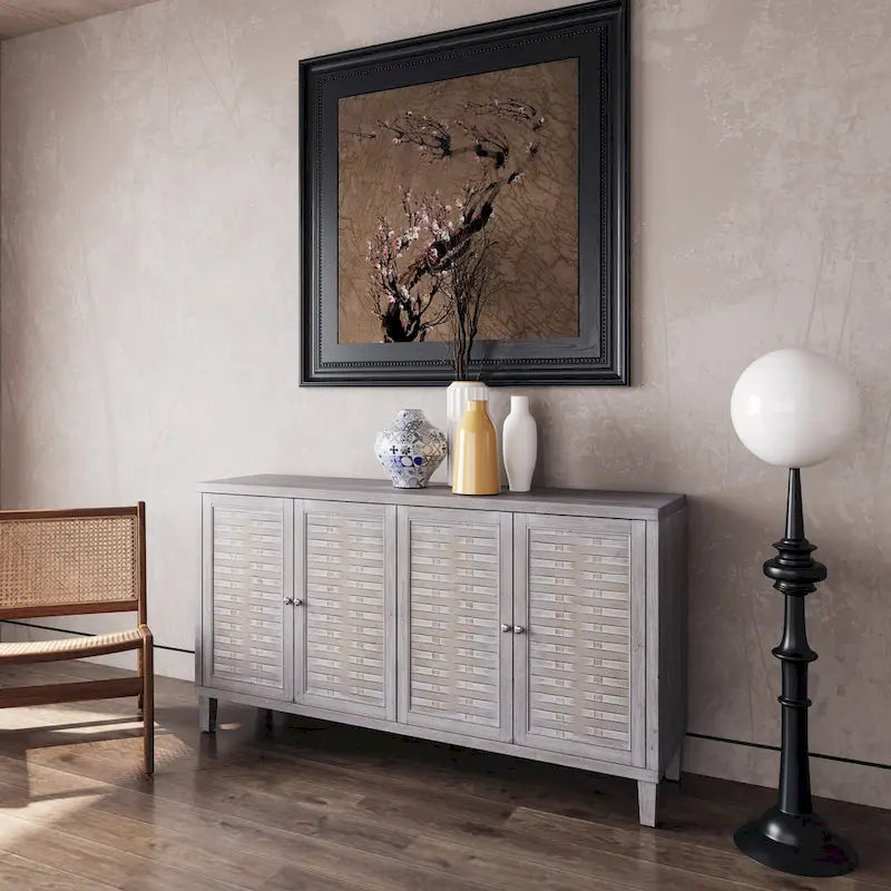 Buffet de ferme en bois naturel avec lavage de 60 po, 4 portes, meuble de rangement d'appoint