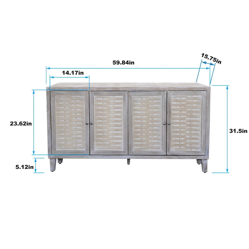 Buffet de ferme en bois naturel avec lavage de 60 po, 4 portes, meuble de rangement d'appoint