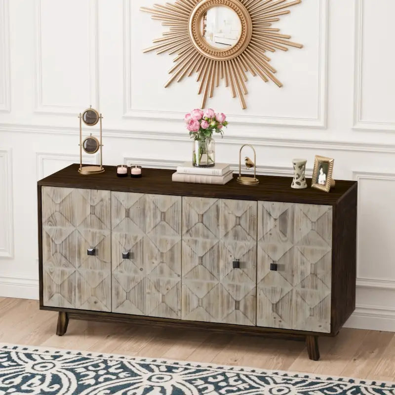 59.84 Buffet vintage 4 portes, Buffet de rangement autoportant avec armoire de rangement au sol pour entrée, salon, bureau, chambre
