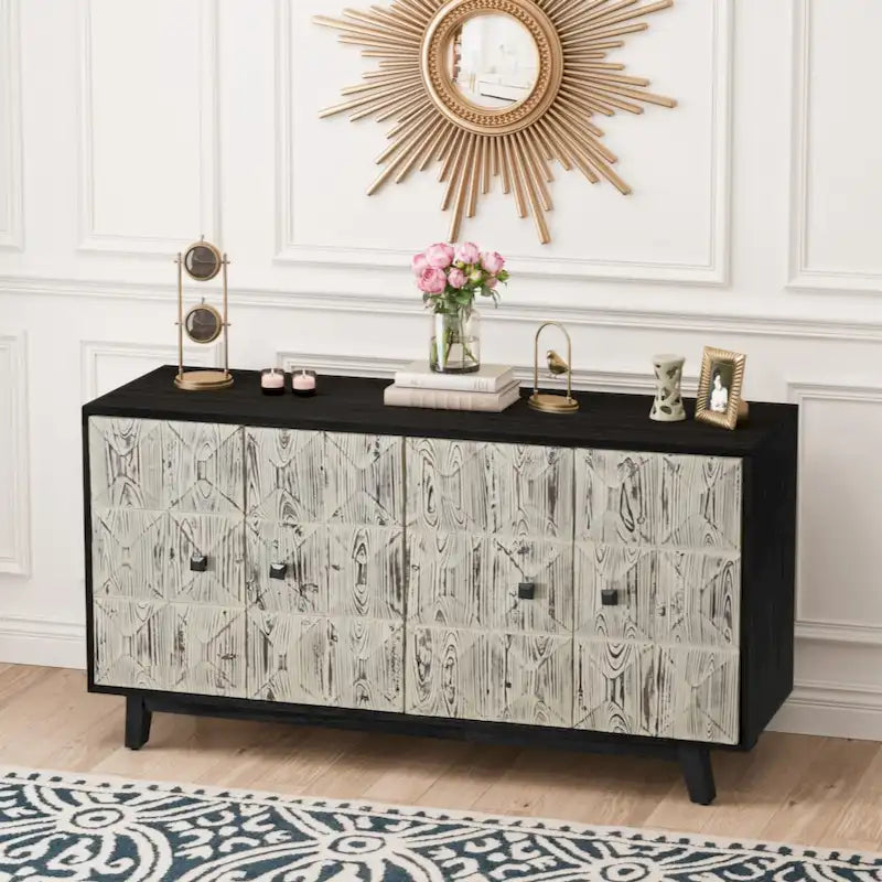 59.84 Buffet vintage 4 portes, Buffet de rangement autoportant avec armoire de rangement au sol pour entrée, salon, bureau, chambre