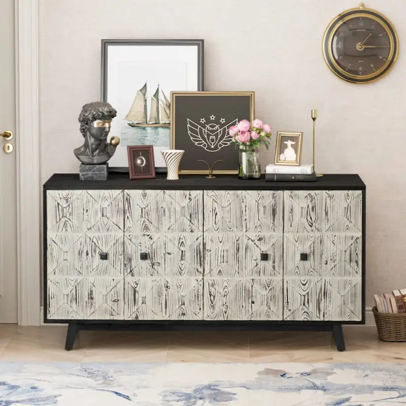 59.84 Buffet vintage 4 portes, Buffet de rangement autoportant avec armoire de rangement au sol pour entrée, salon, bureau, chambre