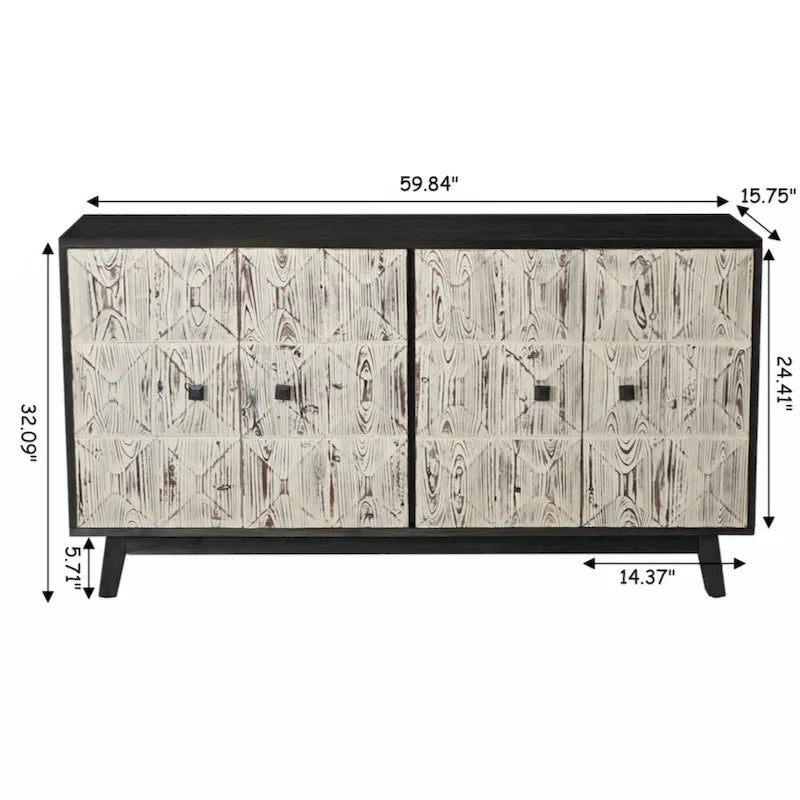 59.84 Buffet vintage 4 portes, Buffet de rangement autoportant avec armoire de rangement au sol pour entrée, salon, bureau, chambre