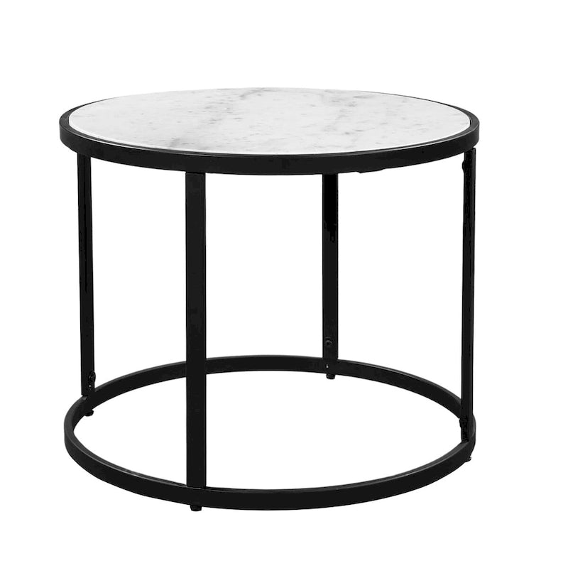 Table d'appoint de 23 pouces, plateau rond en marbre blanc naturel moderne, cadre en fer noir classique