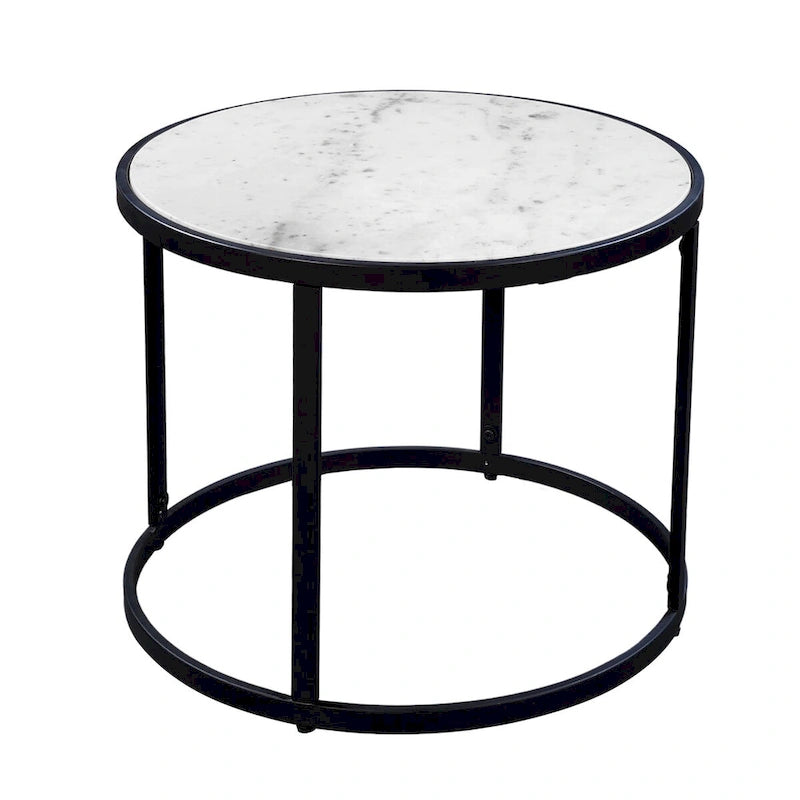 Table d'appoint de 23 pouces, plateau rond en marbre blanc naturel moderne, cadre en fer noir classique