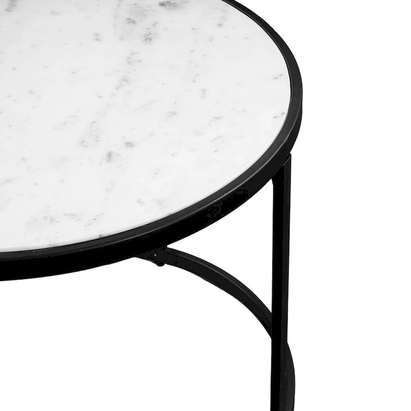 Table d'appoint de 23 pouces, plateau rond en marbre blanc naturel moderne, cadre en fer noir classique