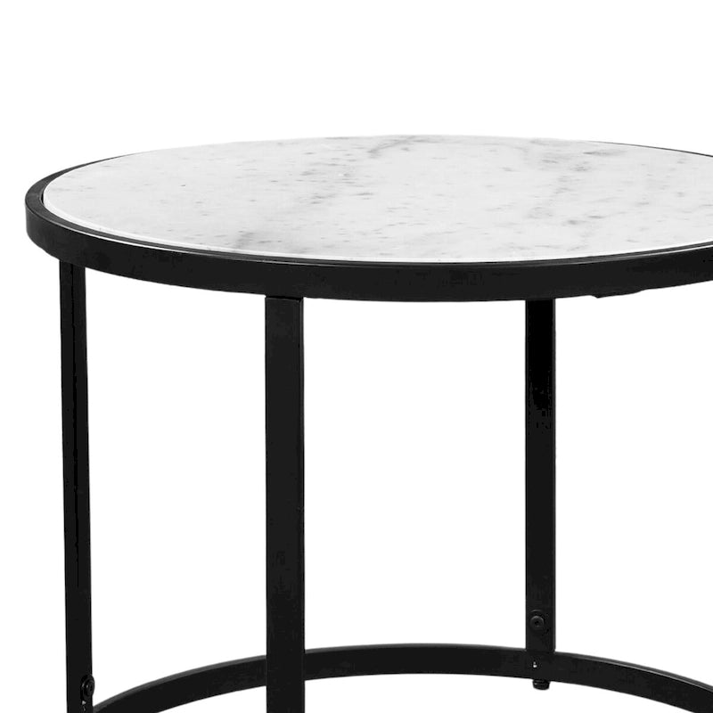 Table d'appoint de 23 pouces, plateau rond en marbre blanc naturel moderne, cadre en fer noir classique