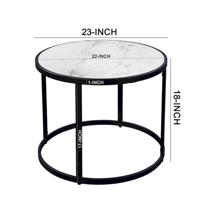 Table d'appoint de 23 pouces, plateau rond en marbre blanc naturel moderne, cadre en fer noir classique