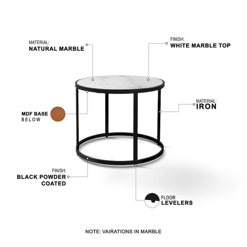 Table d'appoint de 23 pouces, plateau rond en marbre blanc naturel moderne, cadre en fer noir classique