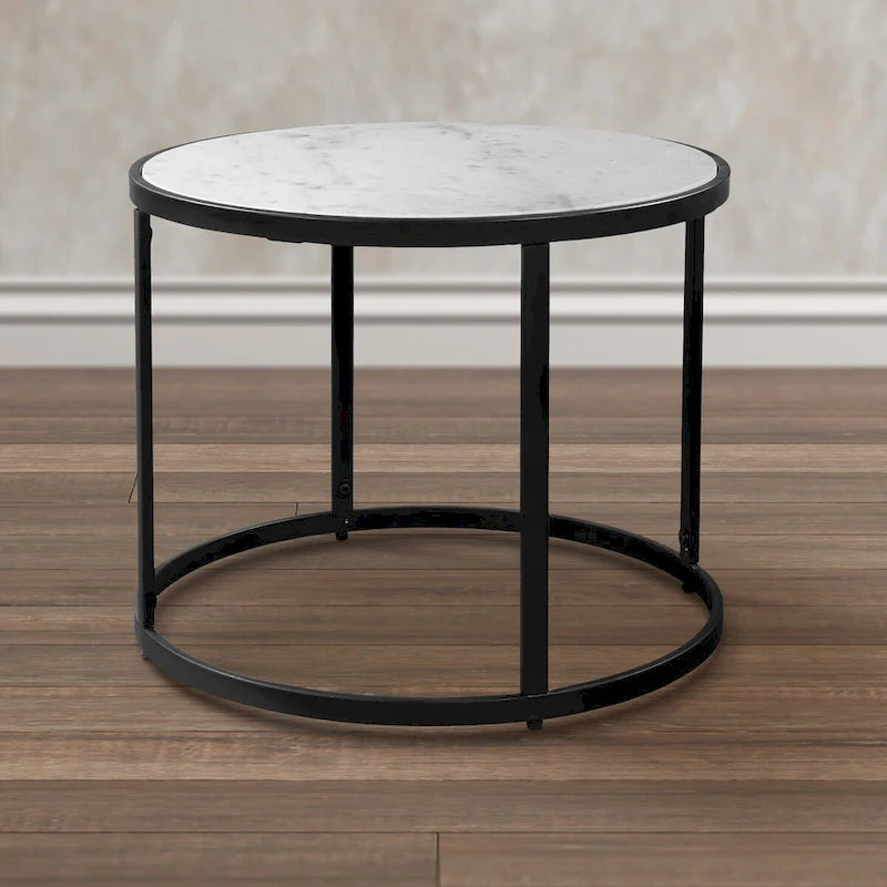 Table d'appoint de 23 pouces, plateau rond en marbre blanc naturel moderne, cadre en fer noir classique