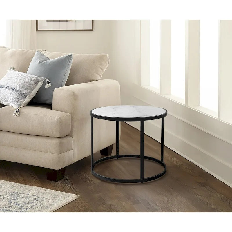 Table d'appoint de 23 pouces, plateau rond en marbre blanc naturel moderne, cadre en fer noir classique