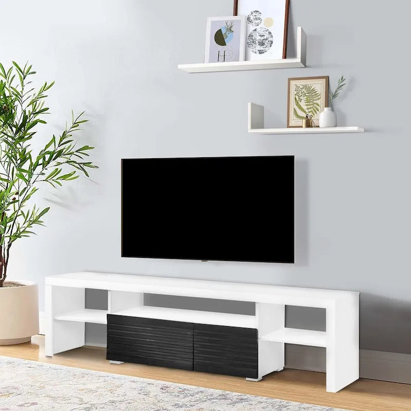 Meuble TV console 75 pouces, 2 tiroirs, blanc laqué