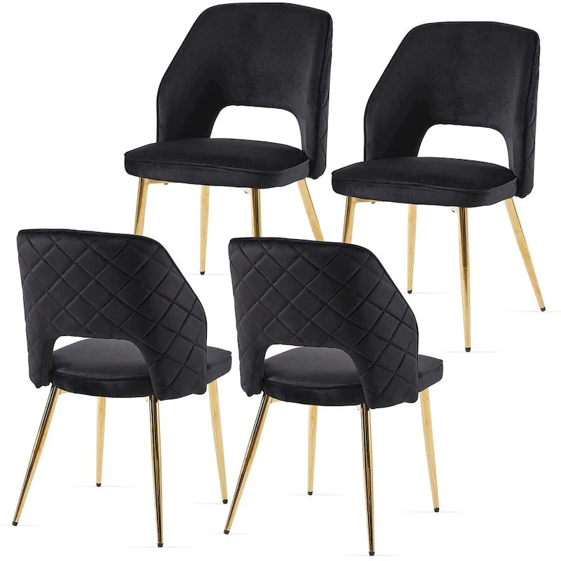 Chaises de salle à manger en velours noir avec pieds en métal et dossier évidé, lot de 4