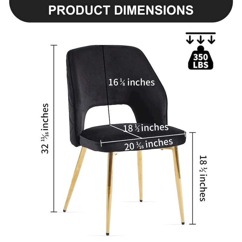 Chaises de salle à manger en velours noir avec pieds en métal et dossier évidé, lot de 4