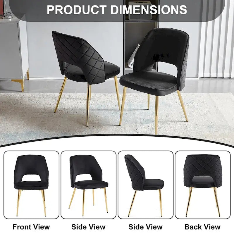 Chaises de salle à manger en velours noir avec pieds en métal et dossier évidé, lot de 4