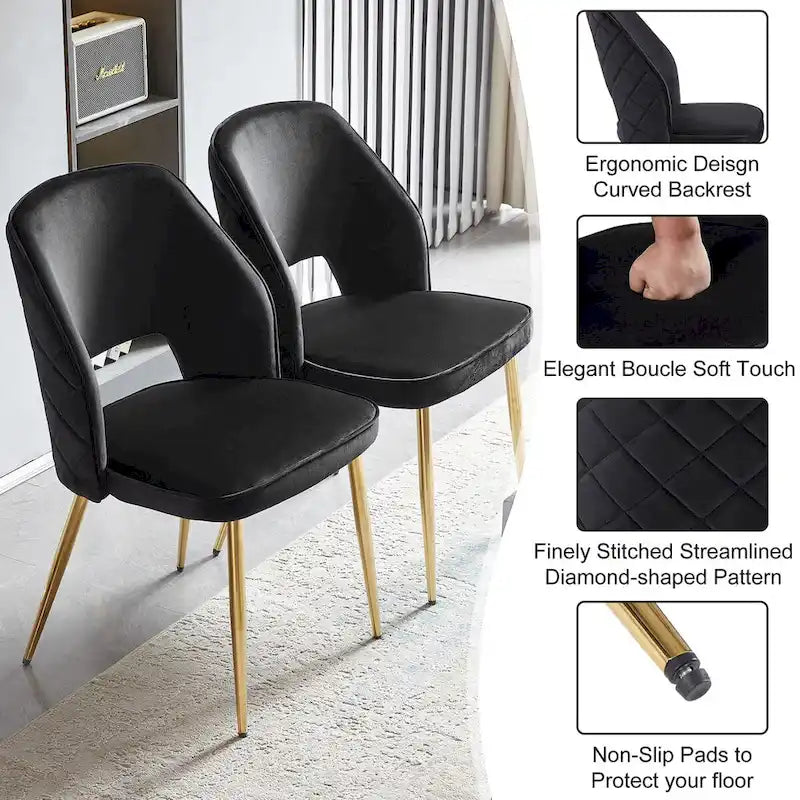 Chaises de salle à manger en velours noir avec pieds en métal et dossier évidé, lot de 4