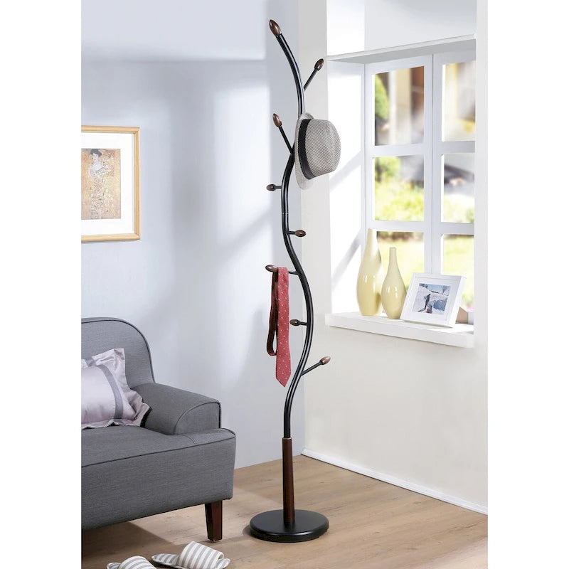 Porte-manteau sur pied moderne en métal noir et noyer pour l'organisation et le rangement de l'entrée