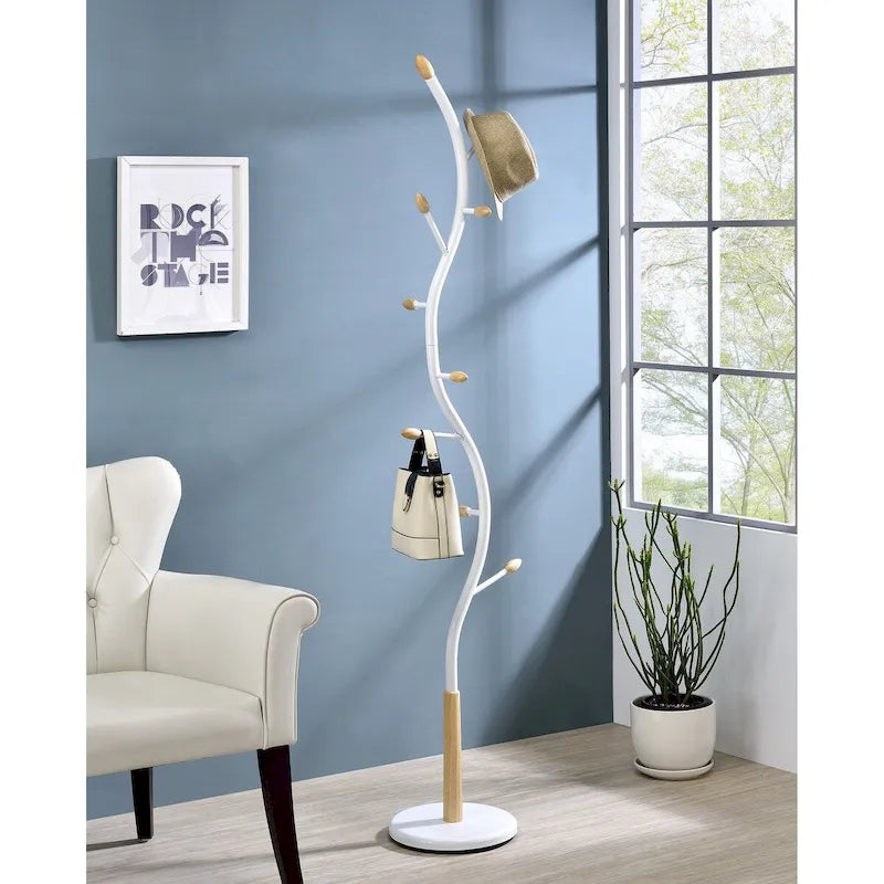 Porte-manteau sur pied moderne en métal noir et noyer pour l'organisation et le rangement de l'entrée