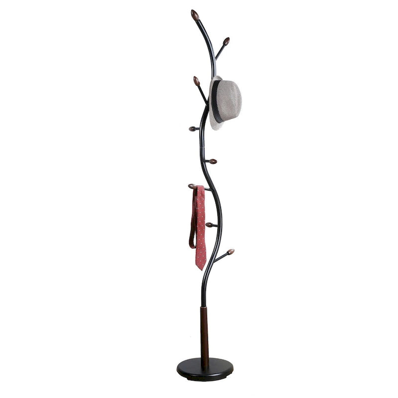 Porte-manteau sur pied moderne en métal noir et noyer pour l'organisation et le rangement de l'entrée