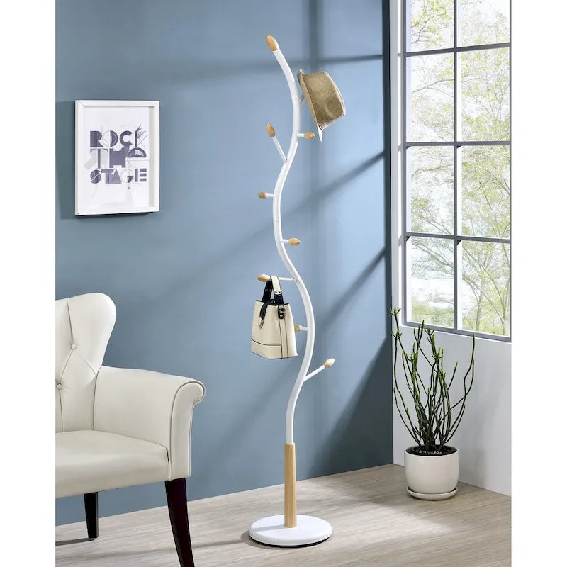 Porte-manteau sur pied moderne en métal noir et noyer pour l'organisation et le rangement de l'entrée