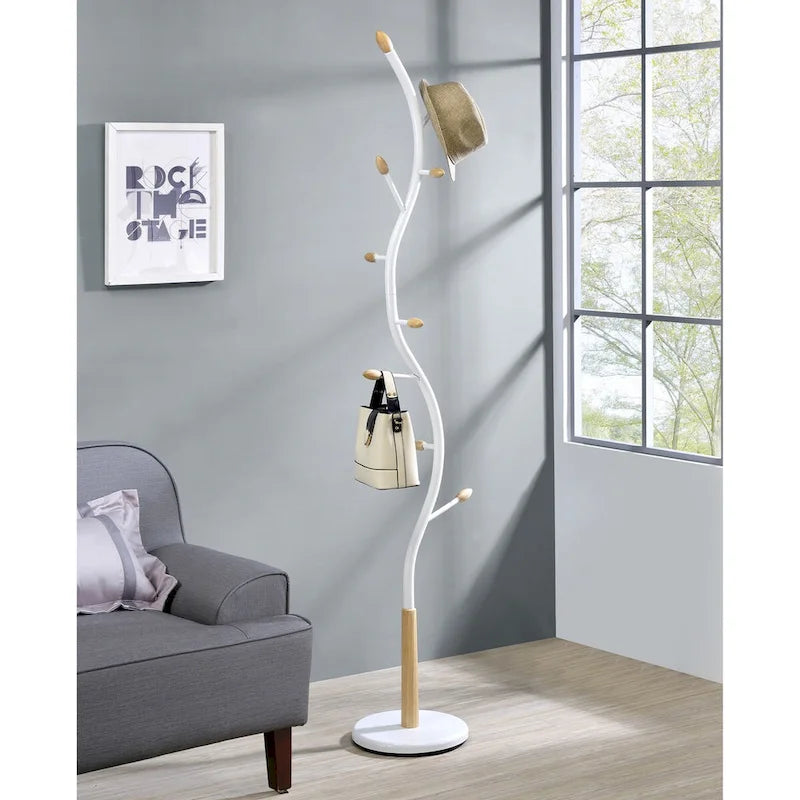 Porte-manteau sur pied moderne en métal noir et noyer pour l'organisation et le rangement de l'entrée