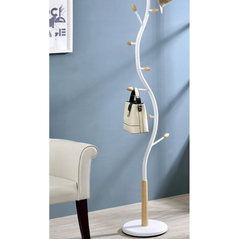 Porte-manteau sur pied moderne en métal noir et noyer pour l'organisation et le rangement de l'entrée